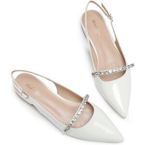 Women White Patent Polyurethane (PU) Rhinestone Pointed Toe Slingback Flats